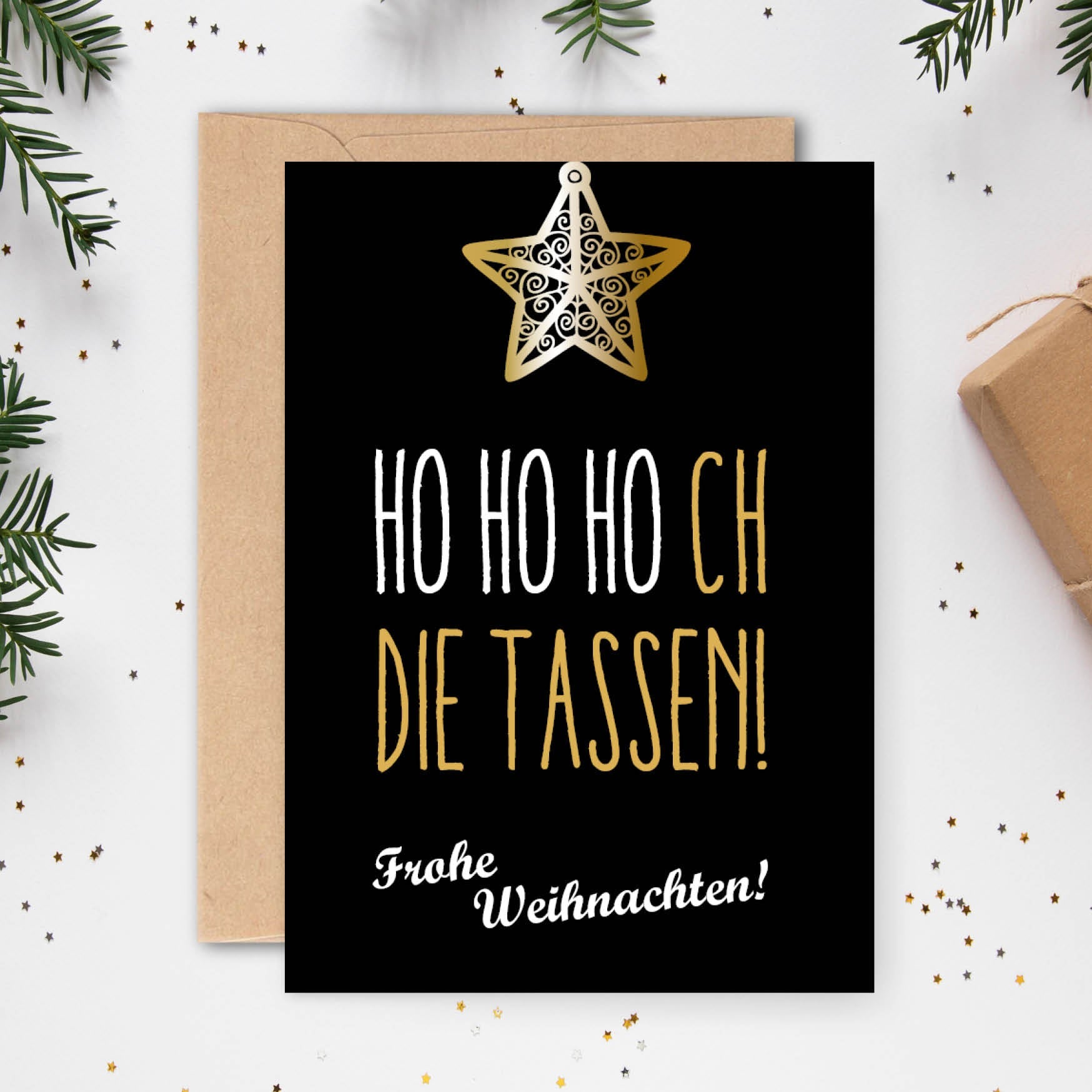 Weihnachts - Postkarte: HO HO HOCH die Tassen! - Individuelle Einladung